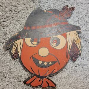 Vintage Halloween Die Cut Scarecrow Face Cardboard Decoration Retro Wall Doo